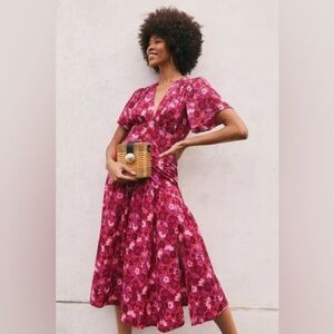 Topshop Willow Pink Floral Angel Sleeve Midi Dress US 4 UK 8